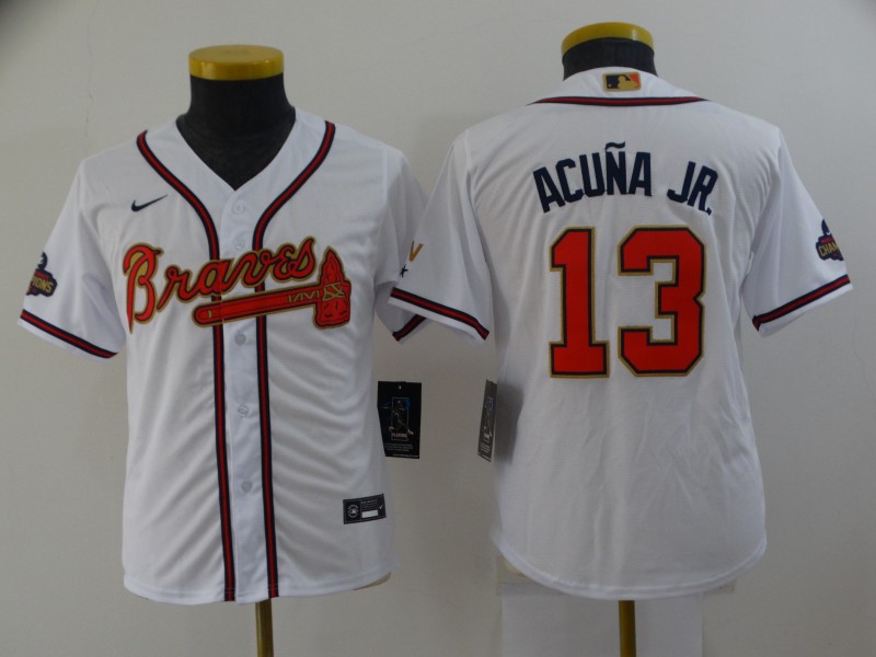 Kids Atlanta Braves White #13 ACUNA JR. MLB Jersey 02