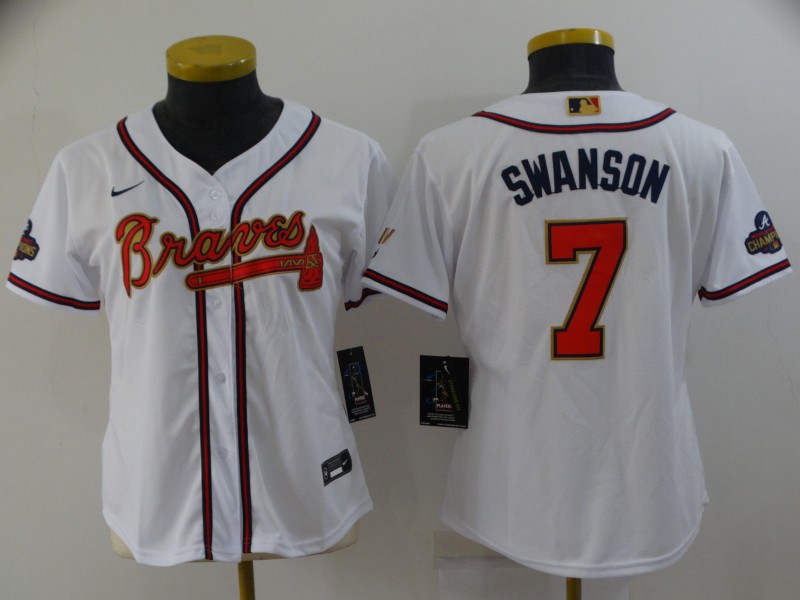 Atlanta Braves White #7 SWANSON Women MLB Jersey 02