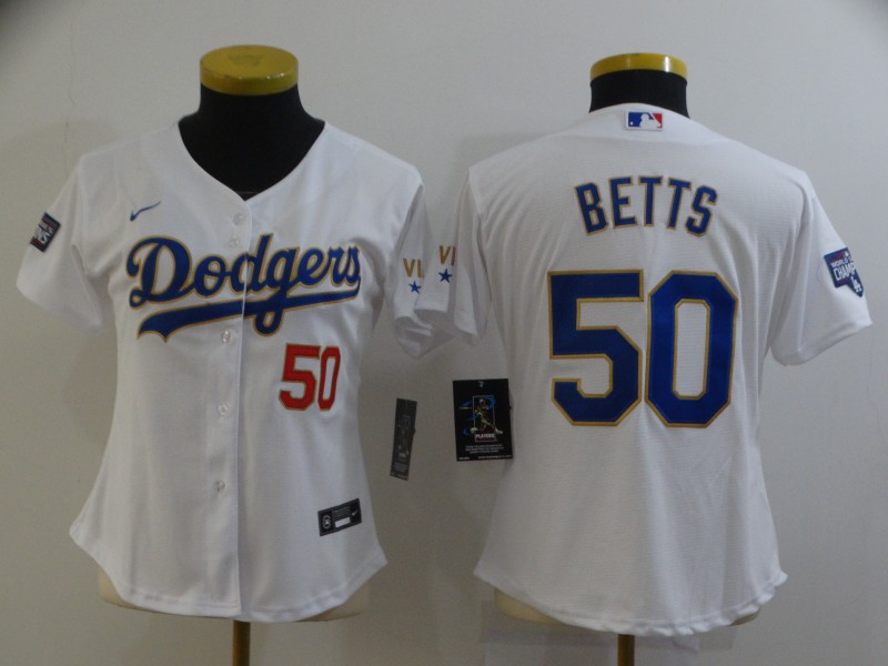 Los Angeles Dodgers #50 BETTS White Champion Women MLB Jersey 02