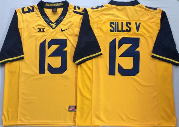 West Virginia Mountaineers Yellow #13 SILLS V NCAA Football Jersey