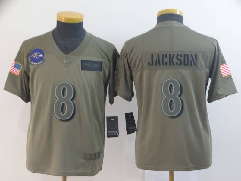 Kids Baltimore Ravens #8 JACKSON Olive Salute To Service NFL Jersey