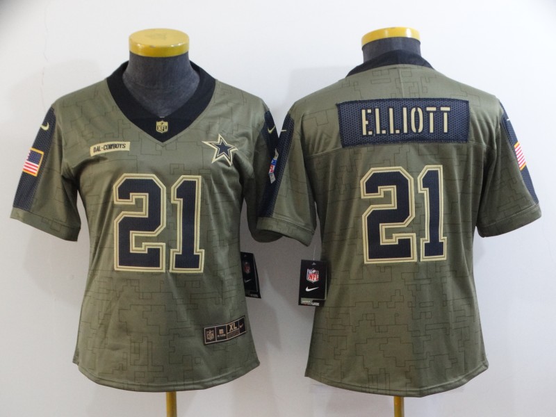 Dallas Cowboys #21 ELLIOTT Olive Salute To Service Women NFL Jersey 06