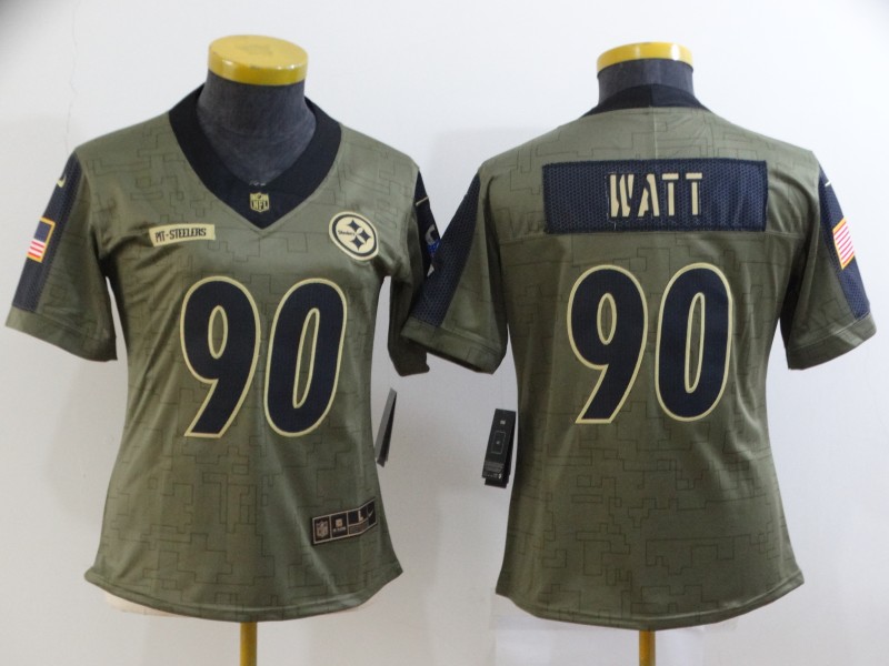 Pittsburgh Steelers #90 WATT Olive Salute To Service Women NFL Jersey 02