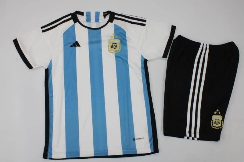 Kids Argentina 2022 Home 3 Stars Soccer Jersey And Shorts