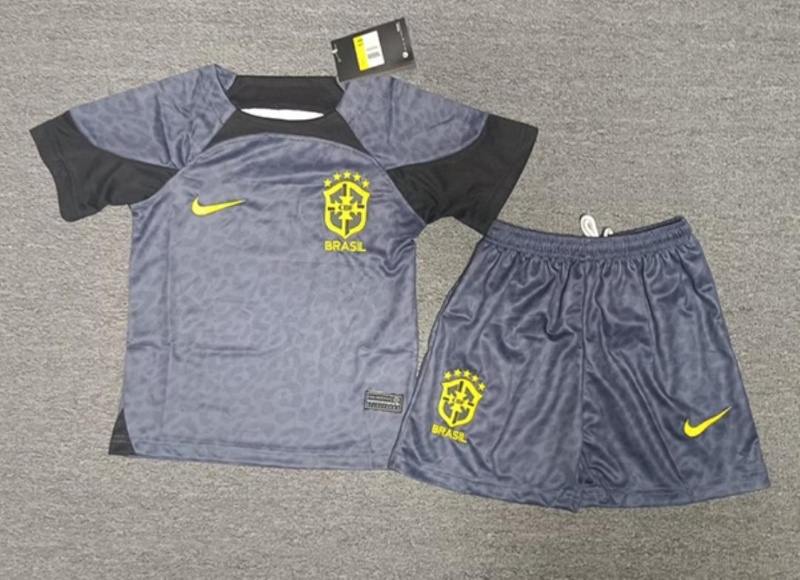 Kids Brazil 2022 Goalkeeper Grey Soccer Jersey And Shorts