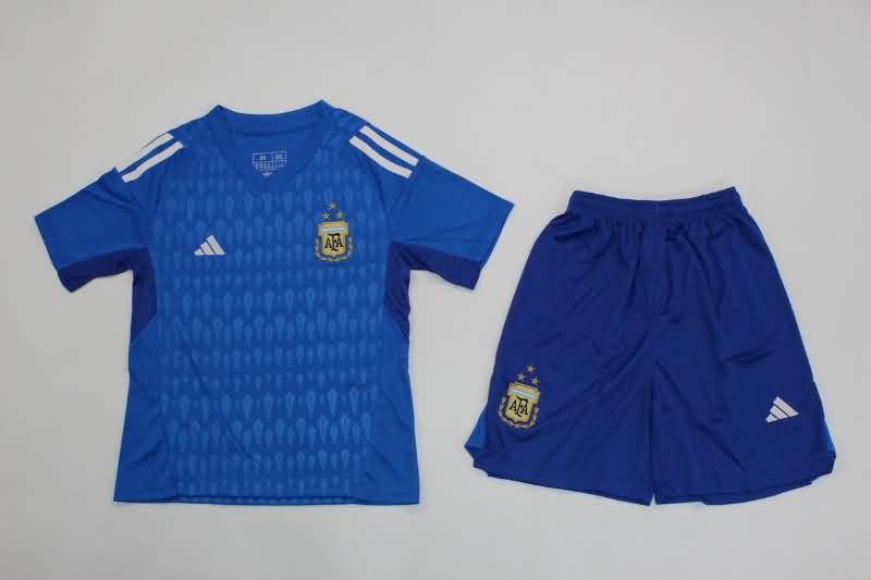 Kids Argentina 2023 Goalkeeper Blue Soccer Jersey And Shorts