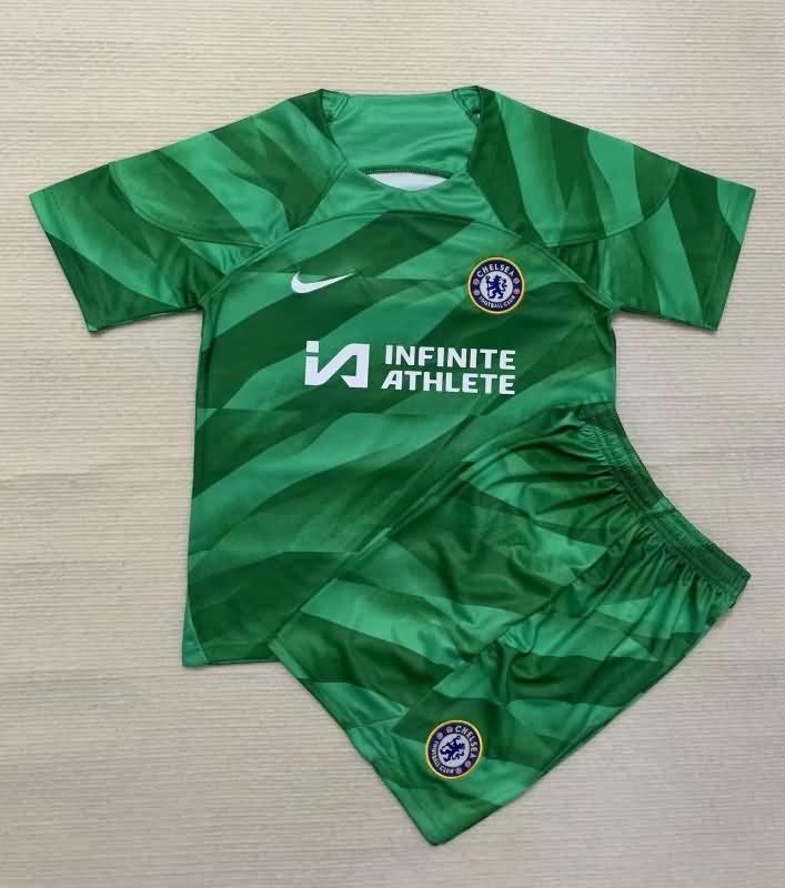 Kids Chelsea 23/24 Goalkeeper Green Soccer Jersey And Shorts