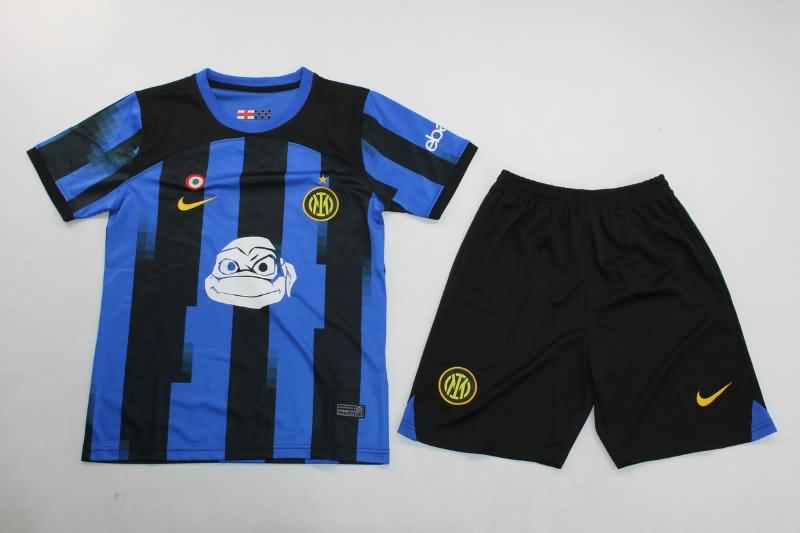Kids Inter Milan 23/24 Home Soccer Jersey And Shorts Sponsor 02