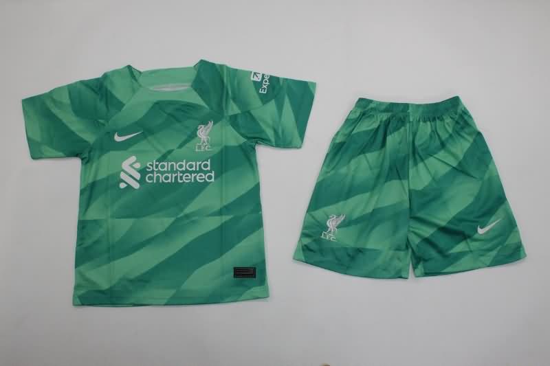 Kids Liverpool 23/24 Goalkeeper Green Soccer Jersey And Shorts