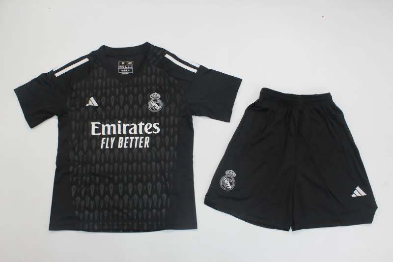 Kids Real Madrid 23/24 Goalkeeper Black Soccer Jersey And Shorts