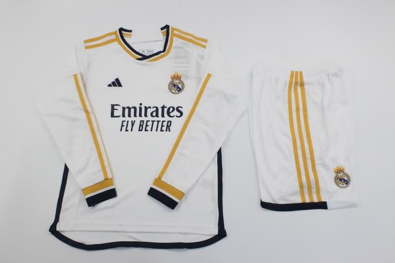 Kids Real Madrid 23/24 Home Long Sleeve Soccer Jersey And Shorts