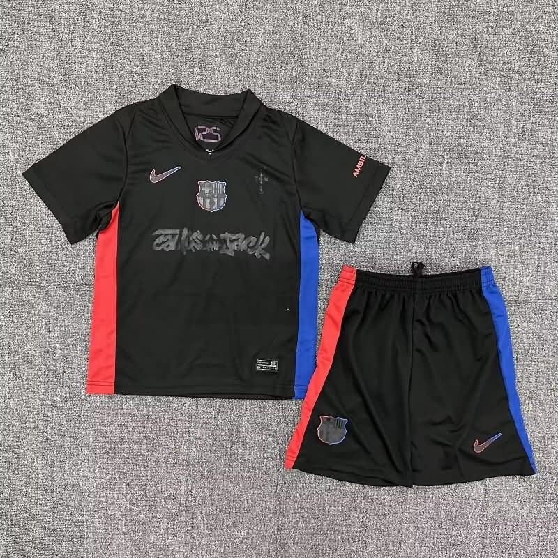 Kids Barcelona 24/25 Away Soccer Jersey And Shorts Sponsor 03