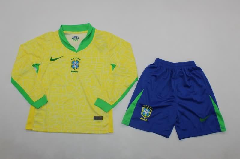 Kids Brazil 2024 Copa America Home Long Sleeve Soccer Jersey And Shorts