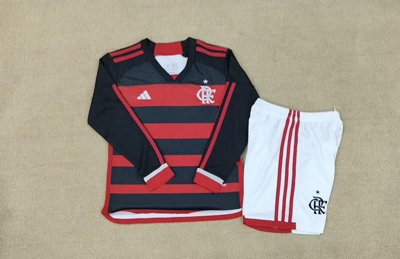 Kids Flamengo 2024 Home Long Sleeve Soccer Jersey And Shorts