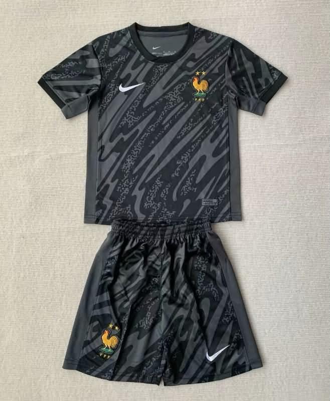 Kids France 2024 Goalkeeper Black Soccer Jersey And Shorts