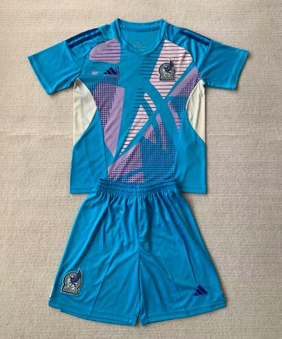 Kids Mexico 2024 Copa America Goalkeeper Blue Soccer Jersey And Shorts