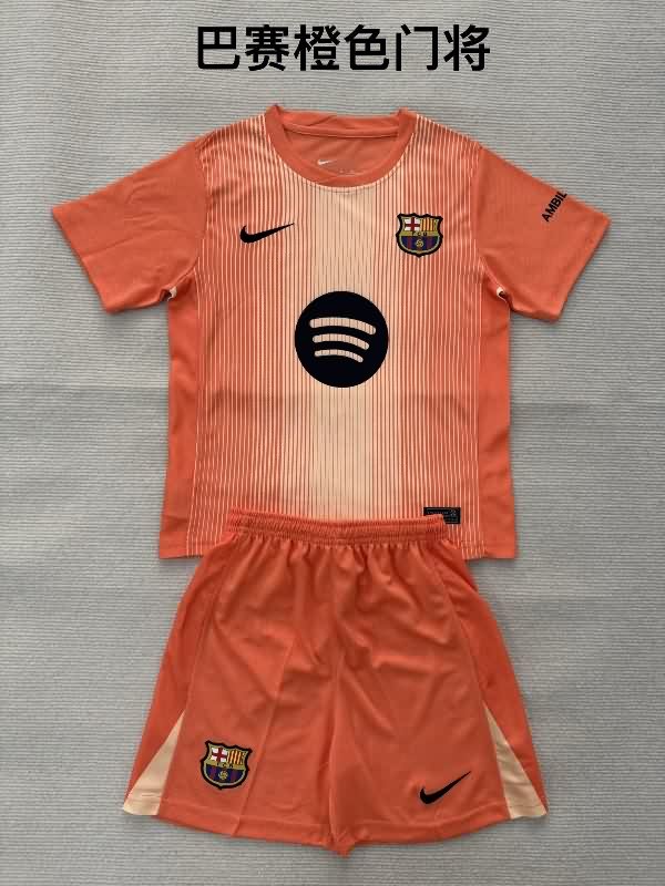 Kids Barcelona 25/26 Goalkeeper Orange Soccer Jersey And Shorts