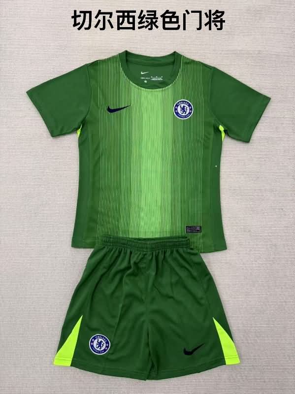 Kids Chelsea 25/26 Goalkeeper Green Soccer Jersey And Shorts