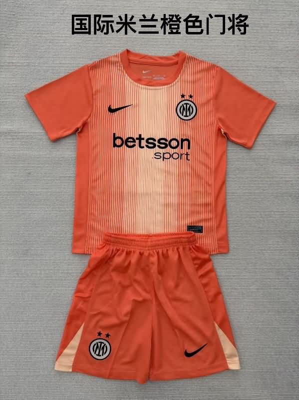 Kids Inter Milan 25/26 Goalkeeper Orange Soccer Jersey And Shorts