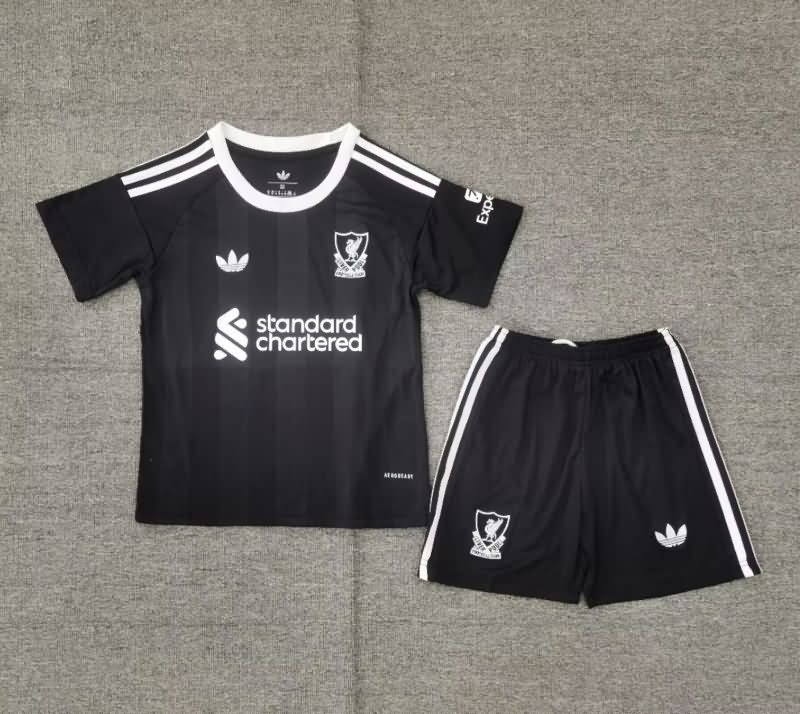 Kids Liverpool 25/26 Goalkeeper Black Soccer Jersey And Shorts 02 Leaked