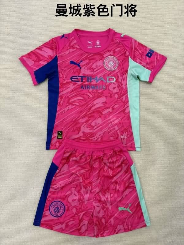 Kids Manchester City 25/26 Goalkeeper Pink Soccer Jersey And Shorts