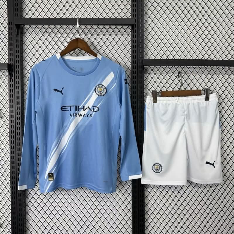 Kids Manchester City 25/26 Home Long Sleeve Soccer Jersey And Shorts Kids Manchester City 25/26 Home Long Sleeve Soccer Jersey And Shorts