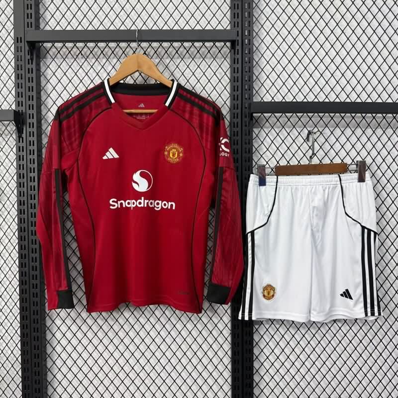 Kids Manchester United 25/26 Home Long Sleeve Soccer Jersey And Shorts