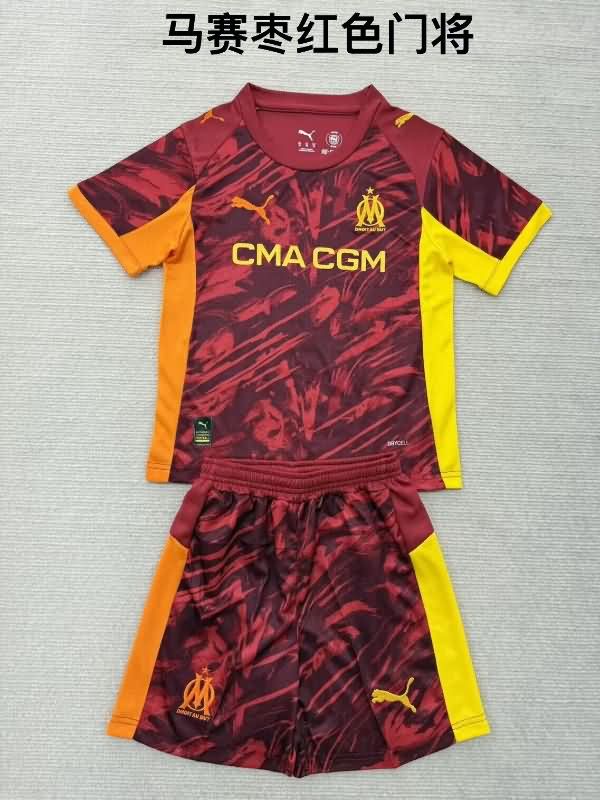 Kids Marseilles 25/26 Goalkeeper Dark Red Soccer Jersey And Shorts