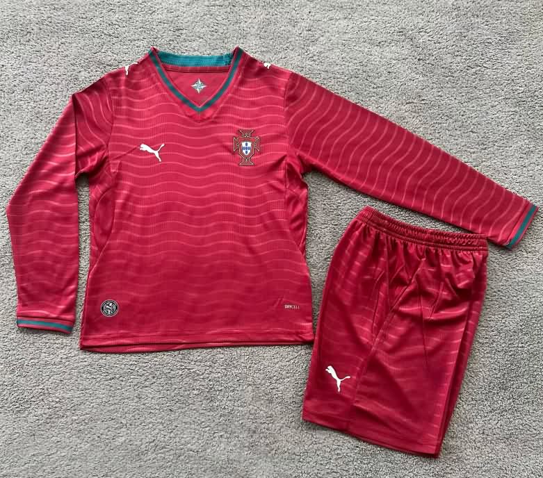 Kids Portugal 2026 World Cup Home Long Sleeve Soccer Jersey And Shorts