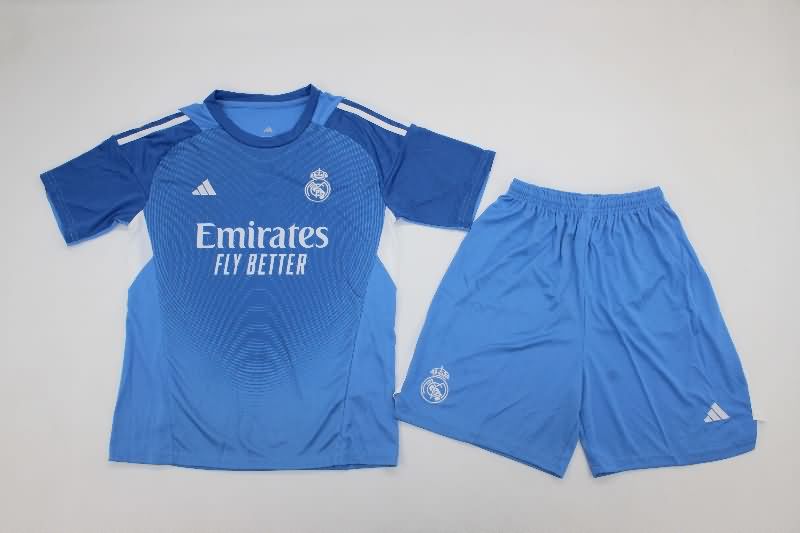 Kids Real Madrid 25/26 Goalkeeper Blue Soccer Jersey And Shorts
