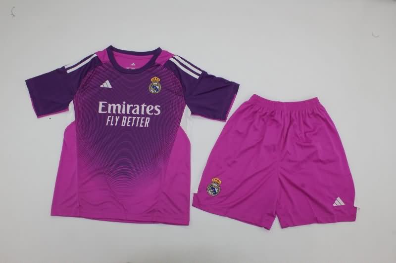 Kids Real Madrid 25/26 Goalkeeper Purple Soccer Jersey And Shorts