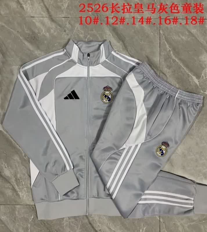 Kids AAA Quality Real Madrid 25/26 Grey Soccer Tracksuit 03