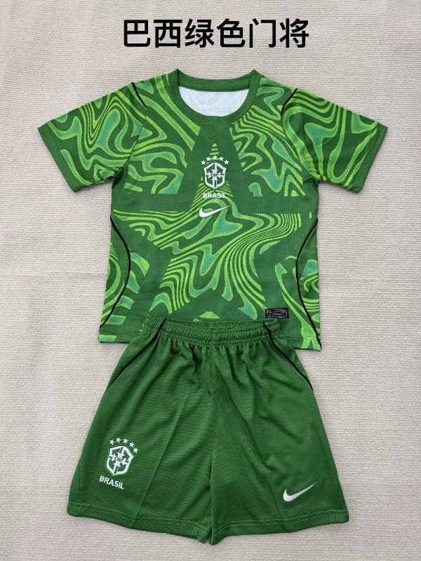 Kids Brazil 2026 Goalkeeper Green Soccer Jersey And Shorts