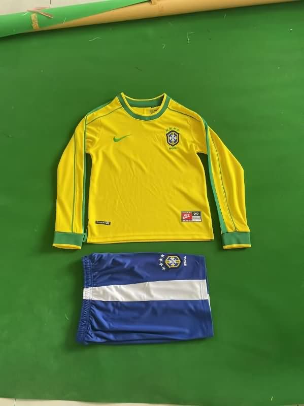 Kids Brazil 1998 Home Long Sleeve Soccer Jersey And Shorts